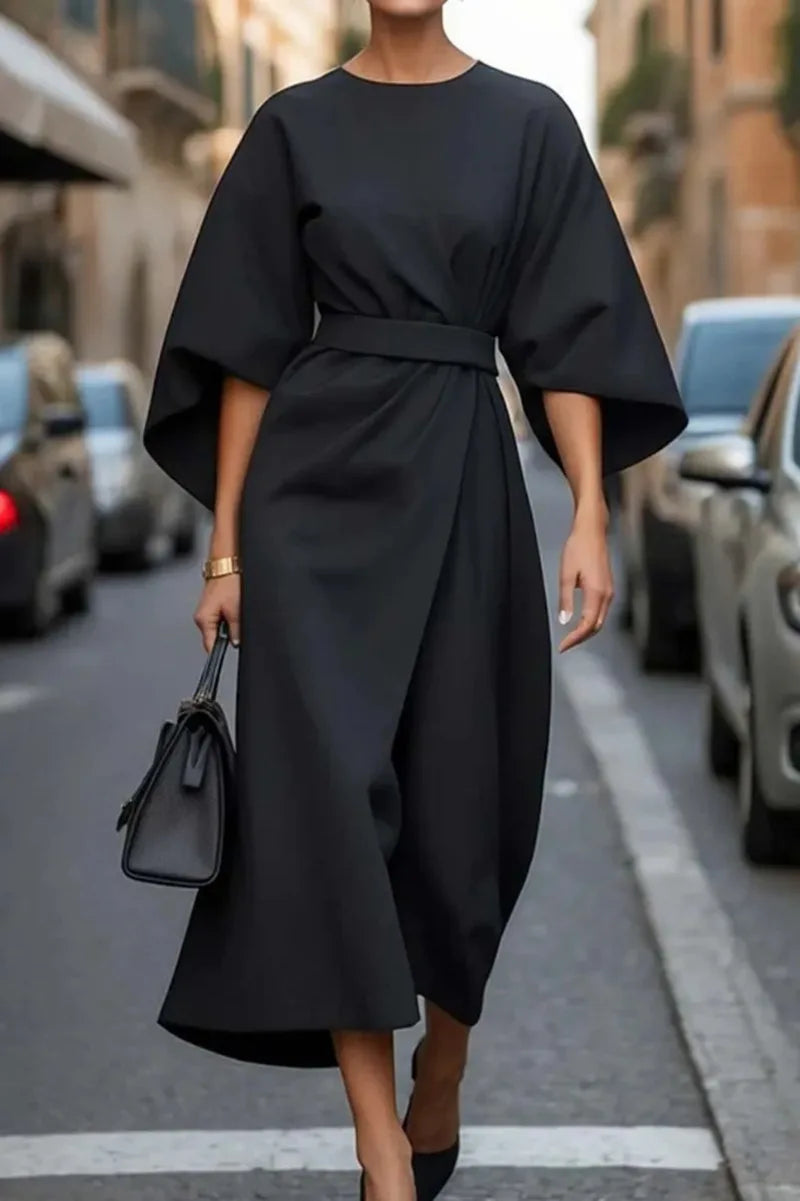 2025 Women's Clothing Fashion Black Dress Temperament Elegant Casual Waist-closing Maxi Bat Sleeve Dresses For Women Robe Femel