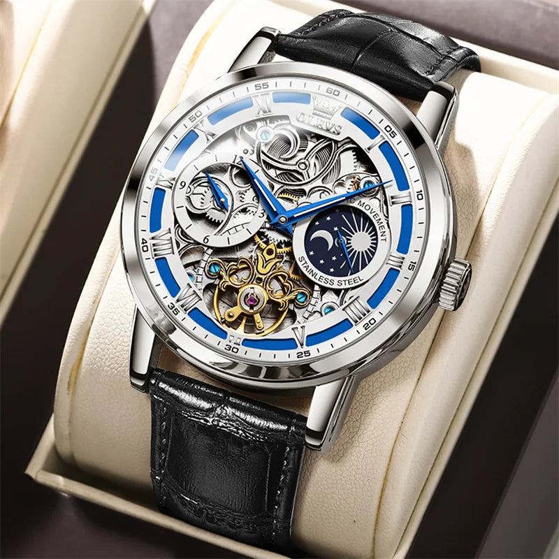 Watches Mens OLEVS Top Brand Luxury Casual Leather Tourbillon Mechanical Men's Watch Skeleton Automatic Clock Male Waterproof
