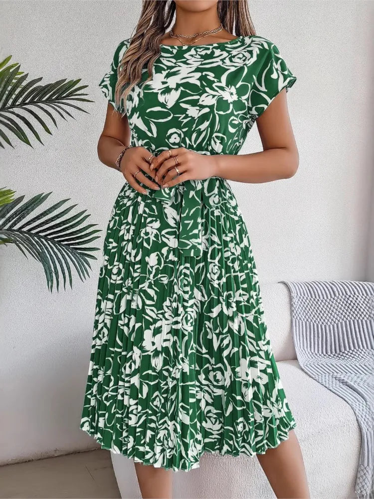Women's Clothing 2025 Summer New Casual Short-sleeved Floral Strap Dress Pleated Skirt Fashion O Neck Casual Dresses Robe Femme