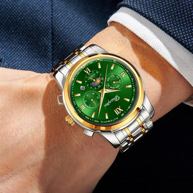 Men's elegant automatic mechanical watch with 24-hour date and week display, transparent back, 30 meter waterproof zinc alloy ca