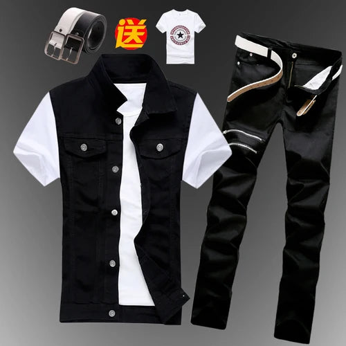 New Men Sets Mens Boys Casual Denim Vest Sleeveless Waistcoat Summer Jeans Pants Trousers Slim Fit 2pcs Set Men Clothing