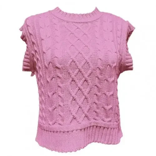 Women's Clothing Chic O Neck Pink Knitted Vest All Match Streetwear Short Sleeveless Pullover Knitted Waistcoat