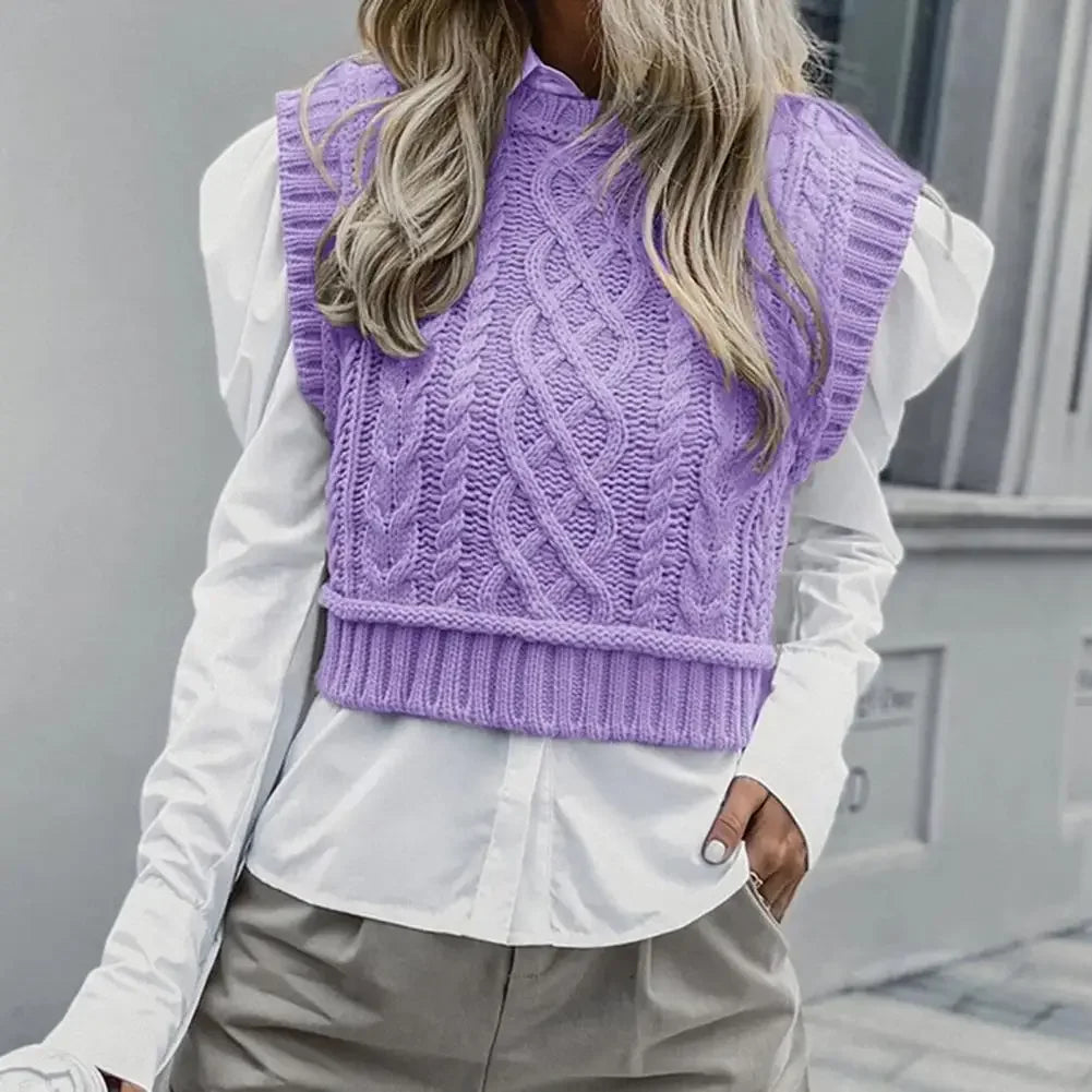 Women's Clothing Chic O Neck Pink Knitted Vest All Match Streetwear Short Sleeveless Pullover Knitted Waistcoat