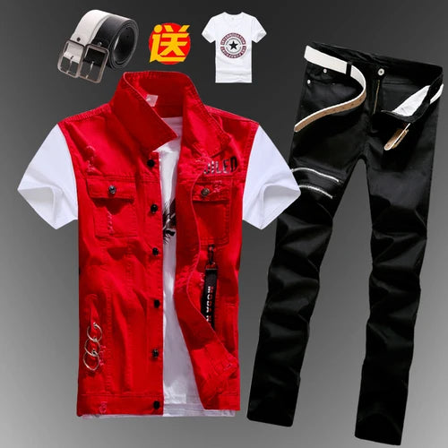 New Men Sets Mens Boys Casual Denim Vest Sleeveless Waistcoat Summer Jeans Pants Trousers Slim Fit 2pcs Set Men Clothing