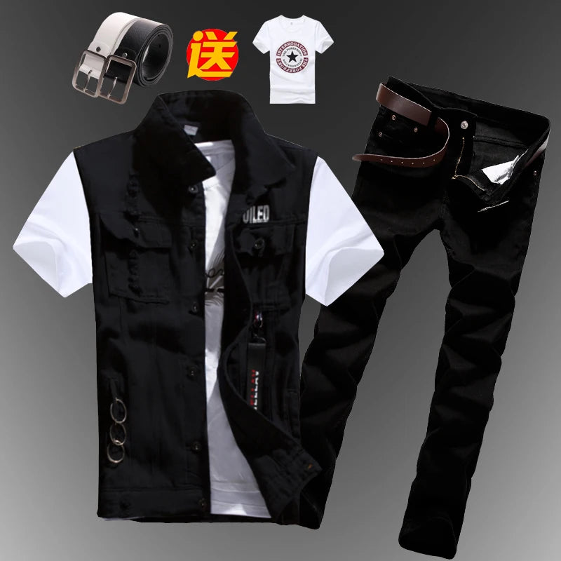 New Men Sets Mens Boys Casual Denim Vest Sleeveless Waistcoat Summer Jeans Pants Trousers Slim Fit 2pcs Set Men Clothing