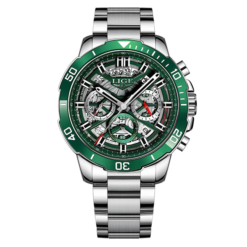 LIGE Mens Watches Top Brand Big Sport Watch Luxury Men Military Steel Quartz Wrist Watches Chronograph Hollow Design Male Clock