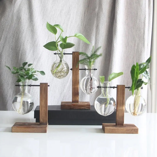 Terrarium Hydroponic Plant Vases Vintage Flower Pot Transparent Vase Wooden Frame Glass Tabletop Plants Home Bonsai Decor