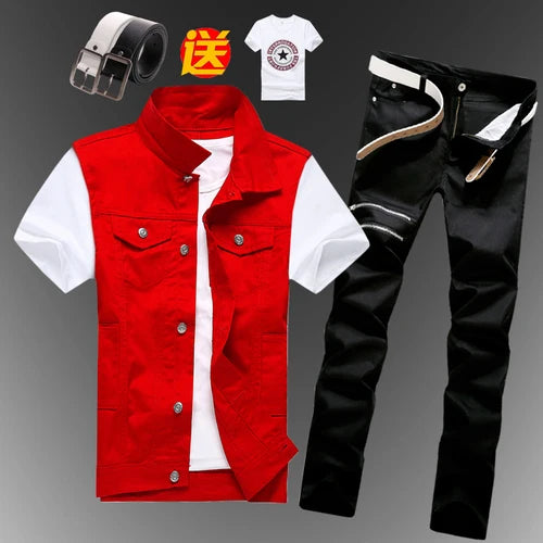 New Men Sets Mens Boys Casual Denim Vest Sleeveless Waistcoat Summer Jeans Pants Trousers Slim Fit 2pcs Set Men Clothing
