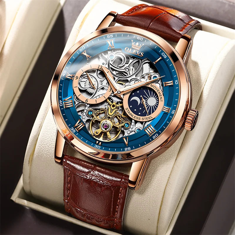 Watches Mens OLEVS Top Brand Luxury Casual Leather Tourbillon Mechanical Men's Watch Skeleton Automatic Clock Male Waterproof