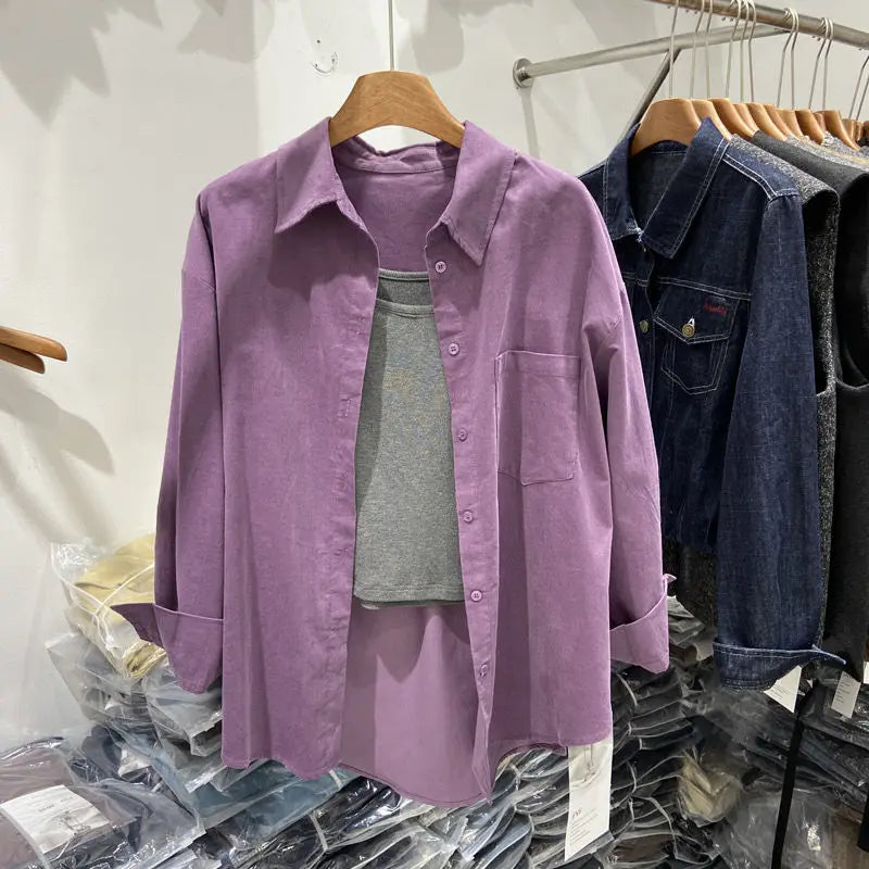 Women's Clothing Early Autumn New Purple Cotton Long Sleeve Shirt for Women Casual Loose-Fit Versatile Outerwear Shirt Top