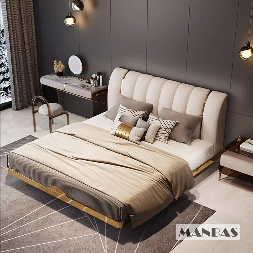 Linlamlim Modern Genuine Leather Suspended Bed With Sensor Light, Double Rectangle Bed Frame With Stainless Steel, Nordic Camas