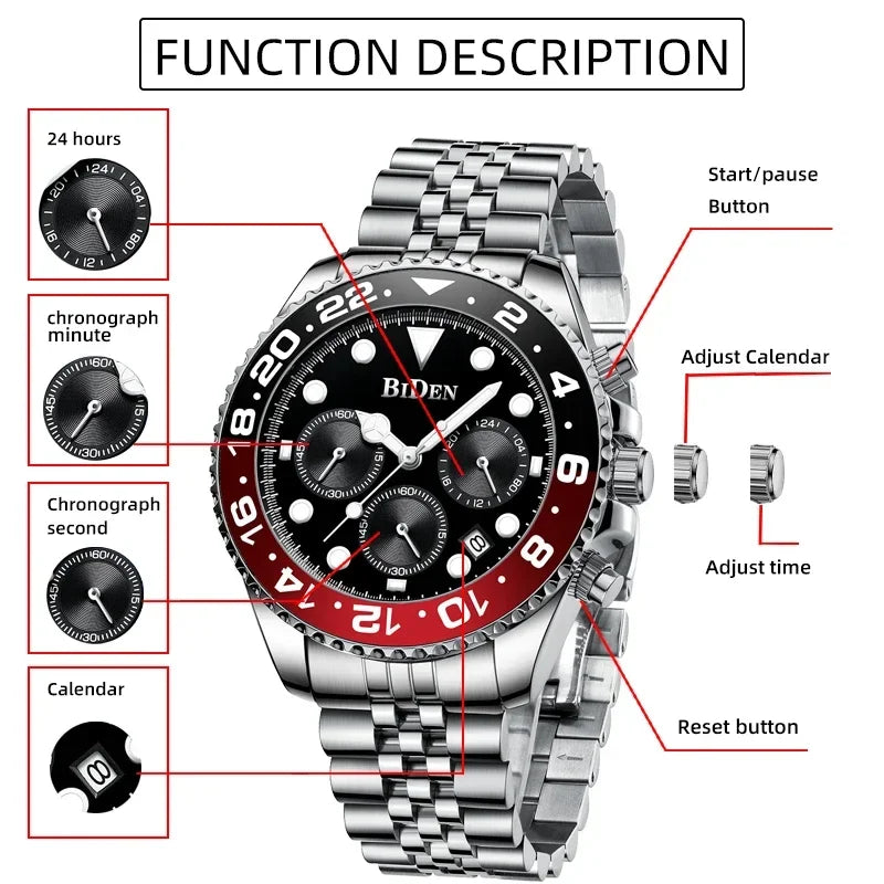 Brand Men's Watches Are High-end Lightweight Luxurious Round Multifunctional Quartz Watches with Solid Steel Straps for Dail