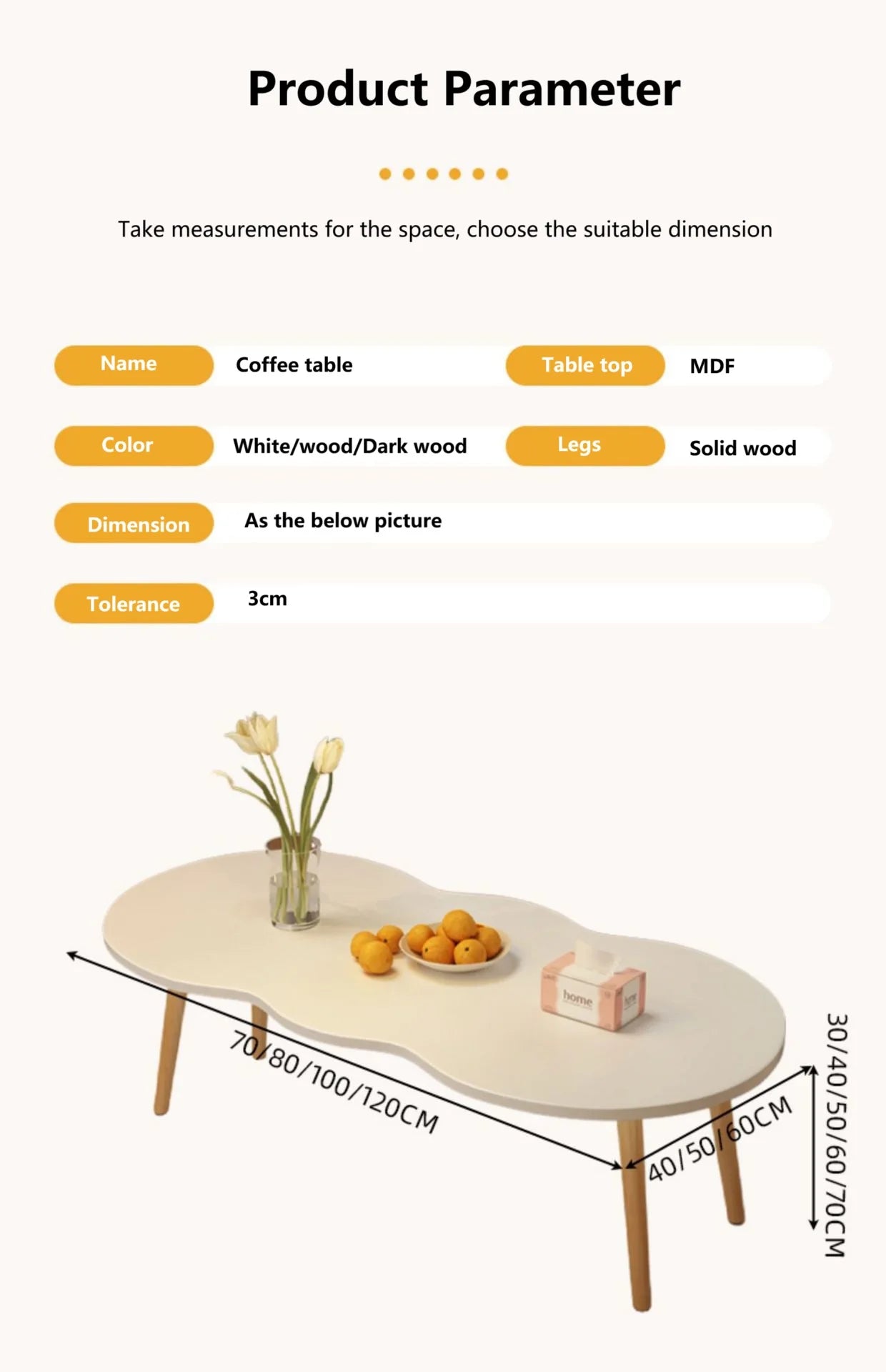 Formwell 80*40cm top Peanut-Shaped Coffee Table Sofa Table Accent Table for Living Room easy assembling solid wood legs
