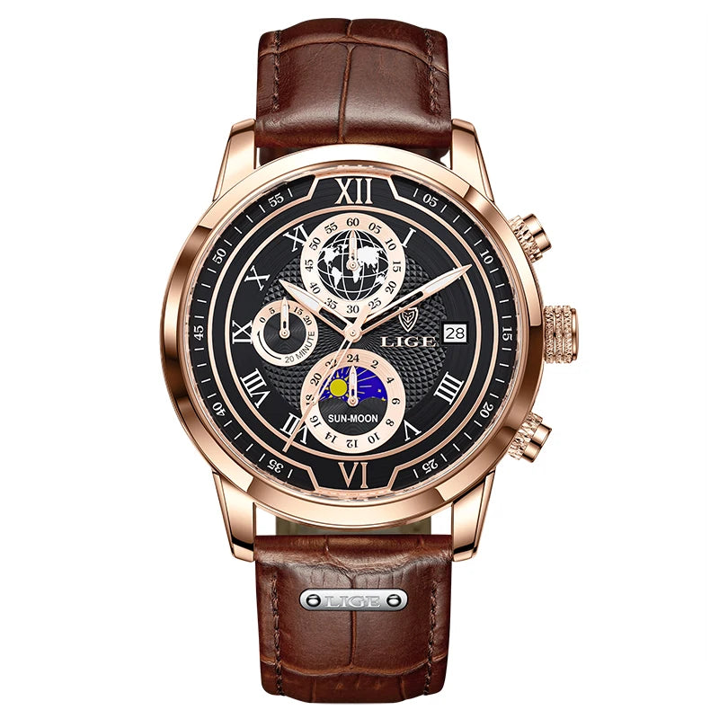 2025 New Mens Watches LIGE Top Brand Leather Chronograph Waterproof Sport Automatic Date Quartz Watch For Men Relogio Masculino