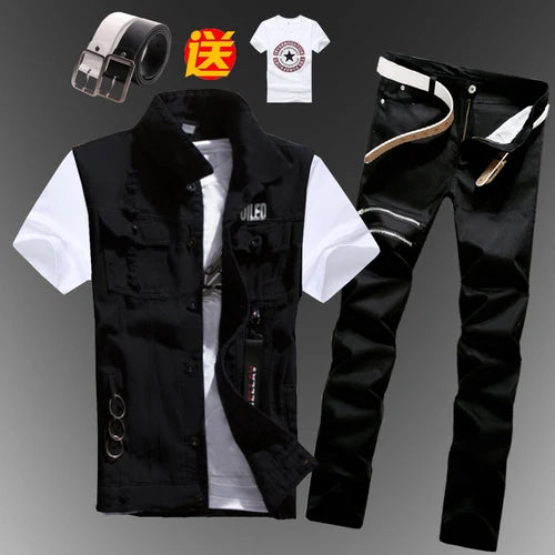New Men Sets Mens Boys Casual Denim Vest Sleeveless Waistcoat Summer Jeans Pants Trousers Slim Fit 2pcs Set Men Clothing
