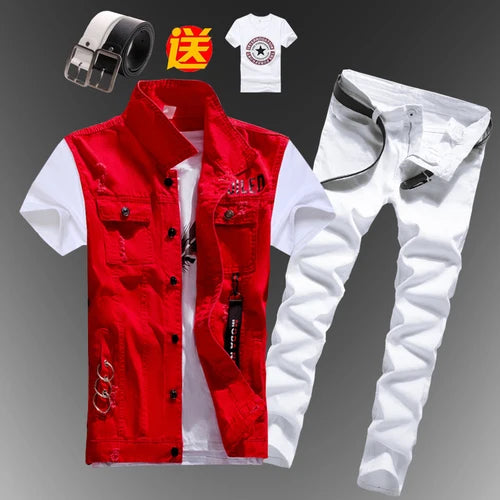 New Men Sets Mens Boys Casual Denim Vest Sleeveless Waistcoat Summer Jeans Pants Trousers Slim Fit 2pcs Set Men Clothing