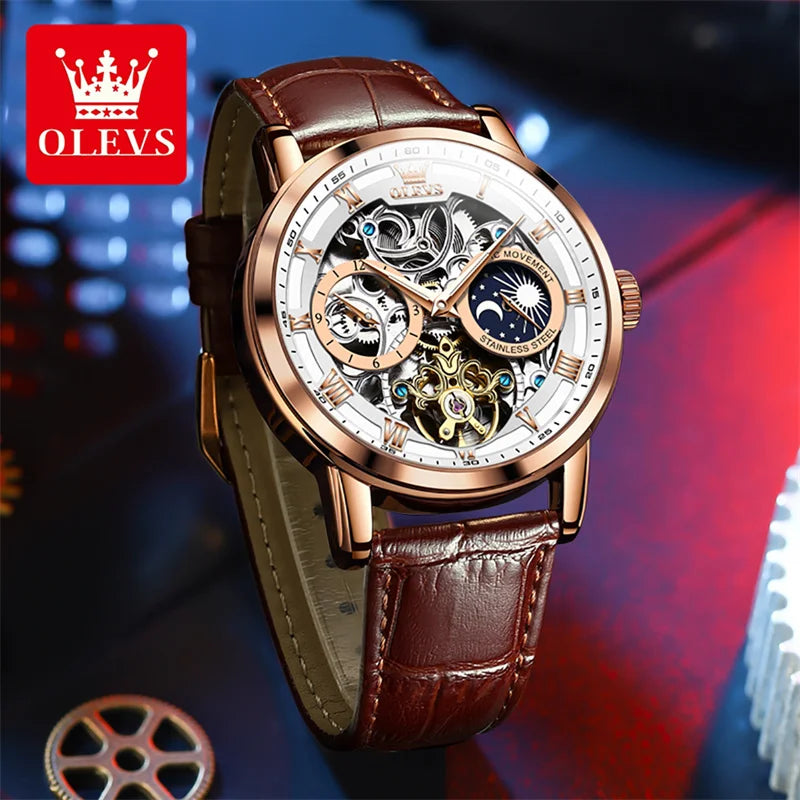 Watches Mens OLEVS Top Brand Luxury Casual Leather Tourbillon Mechanical Men's Watch Skeleton Automatic Clock Male Waterproof