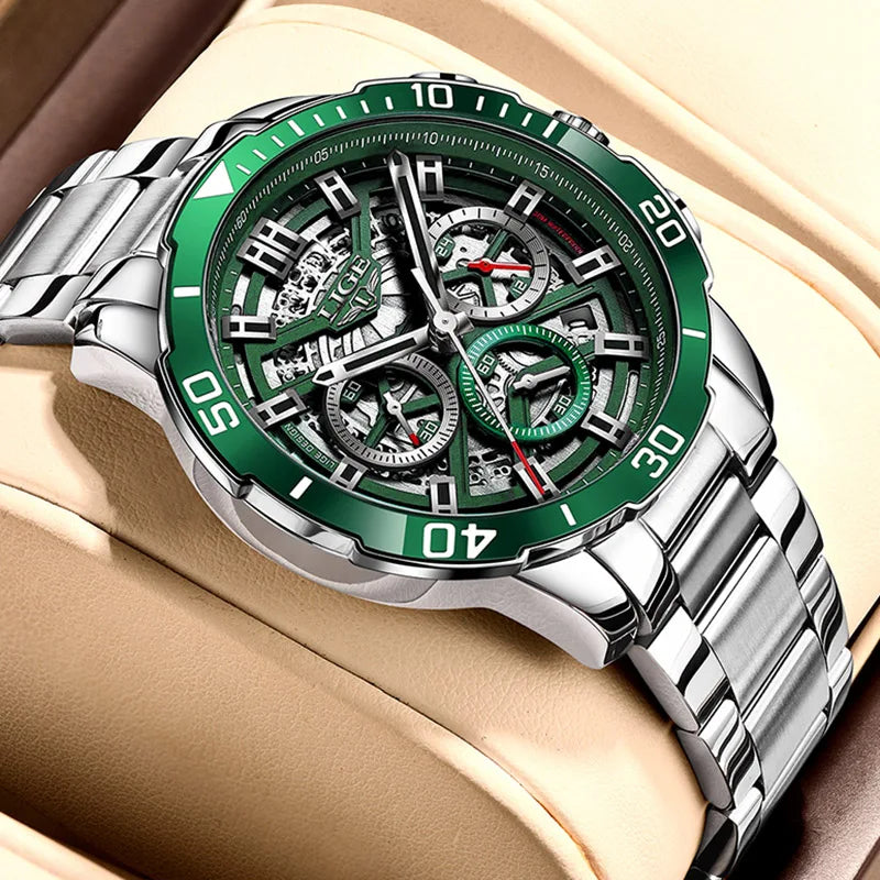 LIGE Mens Watches Top Brand Big Sport Watch Luxury Men Military Steel Quartz Wrist Watches Chronograph Hollow Design Male Clock