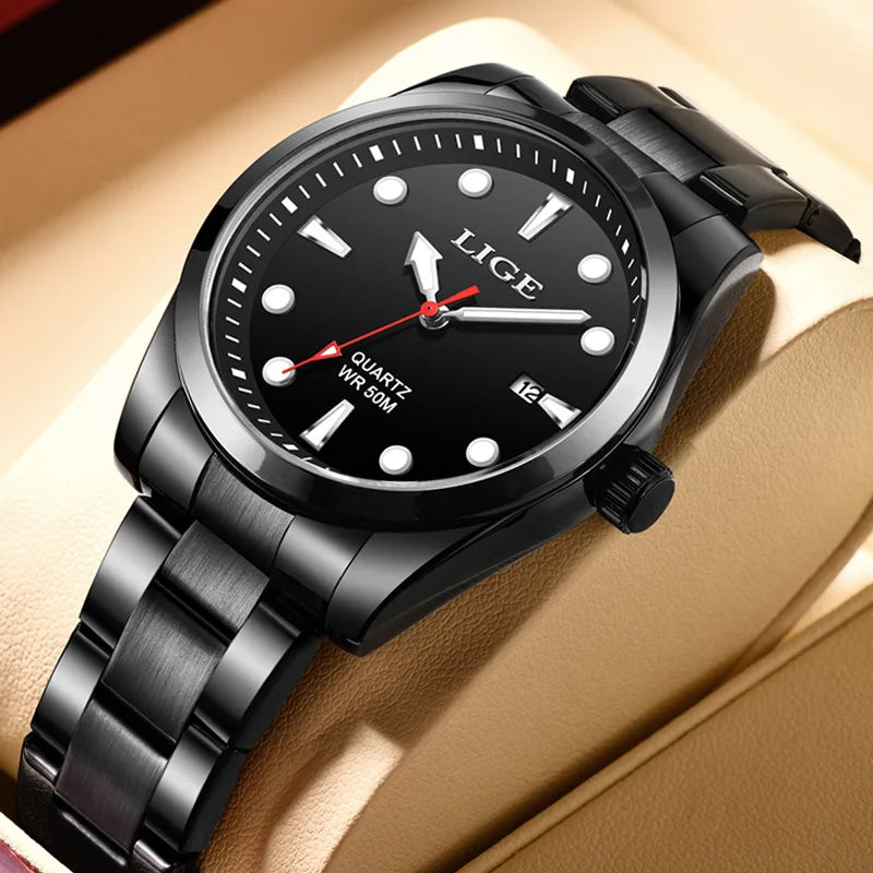 LIGE Mens Watches 5ATM Sports Waterproof Quartz Wristwatch Luminous Clock Ultra Thin Date Watch for Men Relogio Masculino+Box