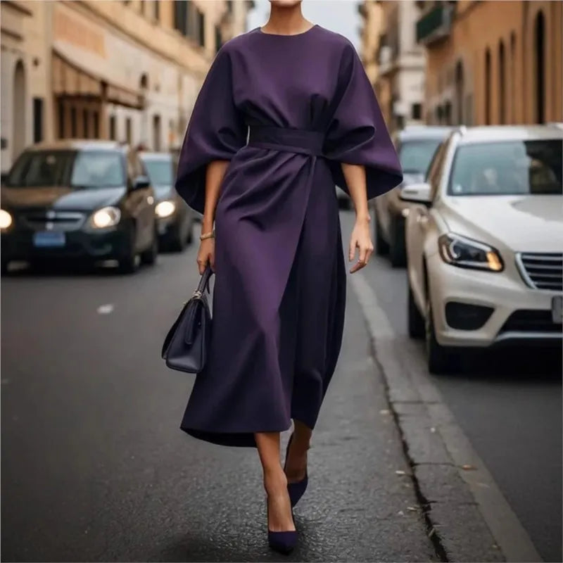2025 Women's Clothing Fashion Black Dress Temperament Elegant Casual Waist-closing Maxi Bat Sleeve Dresses For Women Robe Femel