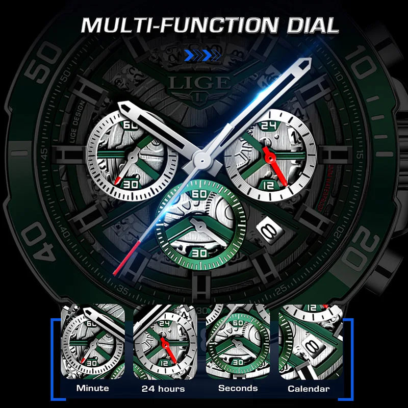 LIGE Mens Watches Top Brand Big Sport Watch Luxury Men Military Steel Quartz Wrist Watches Chronograph Hollow Design Male Clock