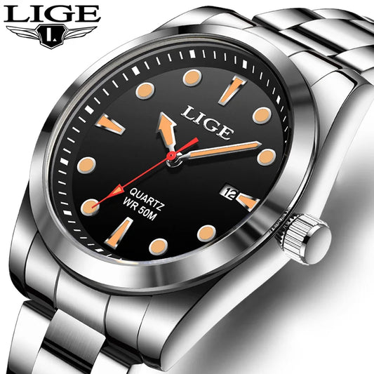 LIGE Mens Watches 5ATM Sports Waterproof Quartz Wristwatch Luminous Clock Ultra Thin Date Watch for Men Relogio Masculino+Box