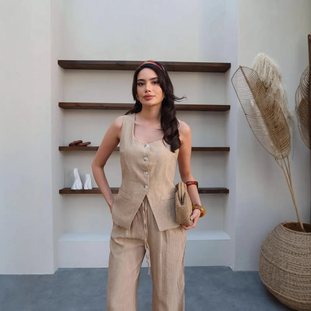 Women's Clothing 2024 Spring Summer New Fashionable Vest Pants Collage Splicing Pure Sleeveless Color Temperament Casual Suit