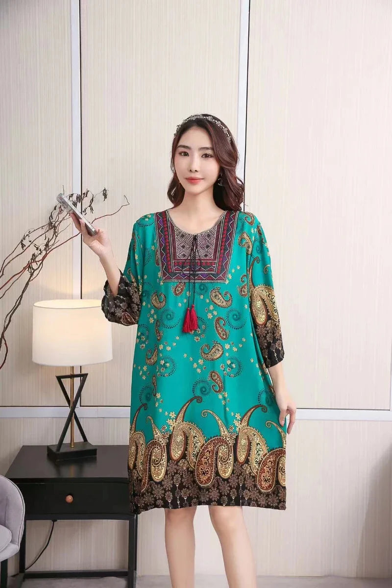 Women's Clothing Women Indian Dress Ready Stock Summer Vintage Causal Korean Style Beach Embroidery Tassel Floral Print Vestidos
