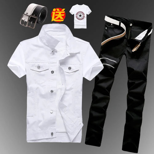 New Men Sets Mens Boys Casual Denim Vest Sleeveless Waistcoat Summer Jeans Pants Trousers Slim Fit 2pcs Set Men Clothing