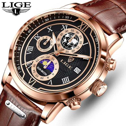 2025 New Mens Watches LIGE Top Brand Leather Chronograph Waterproof Sport Automatic Date Quartz Watch For Men Relogio Masculino