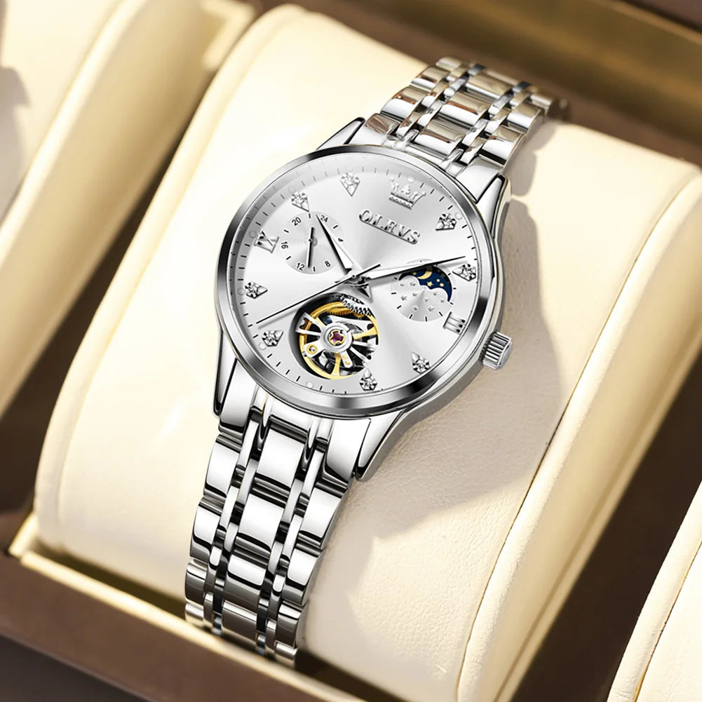 OLEVS 6608 Top Brand Women's Watches Elegant Fashion Hollow Out Automatic Mechanical Watch for Lady Waterproof Stainless Steel