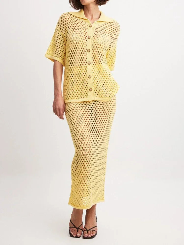 Women's Clothing New Summer Casual Dress Sets Fashionable Mesh Fishnet Beach Knit Blouse Long Skirt Matching Sets for Women