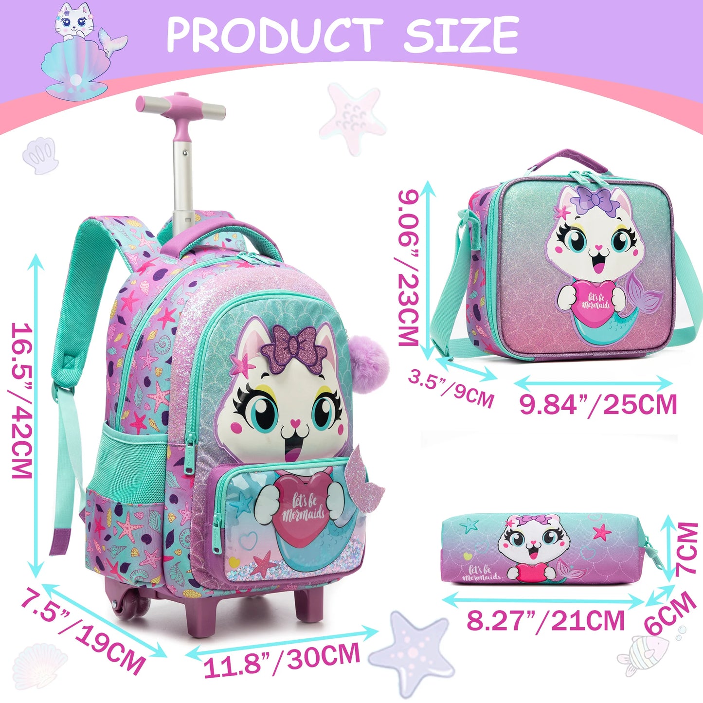 Girls Cute Rolling Backpack with Wheels 3pcs Set Roller Backpacks for Girls with Lunch Bag Wheeled Bookbag