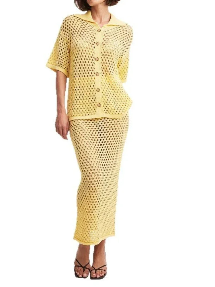 Women's Clothing New Summer Casual Dress Sets Fashionable Mesh Fishnet Beach Knit Blouse Long Skirt Matching Sets for Women