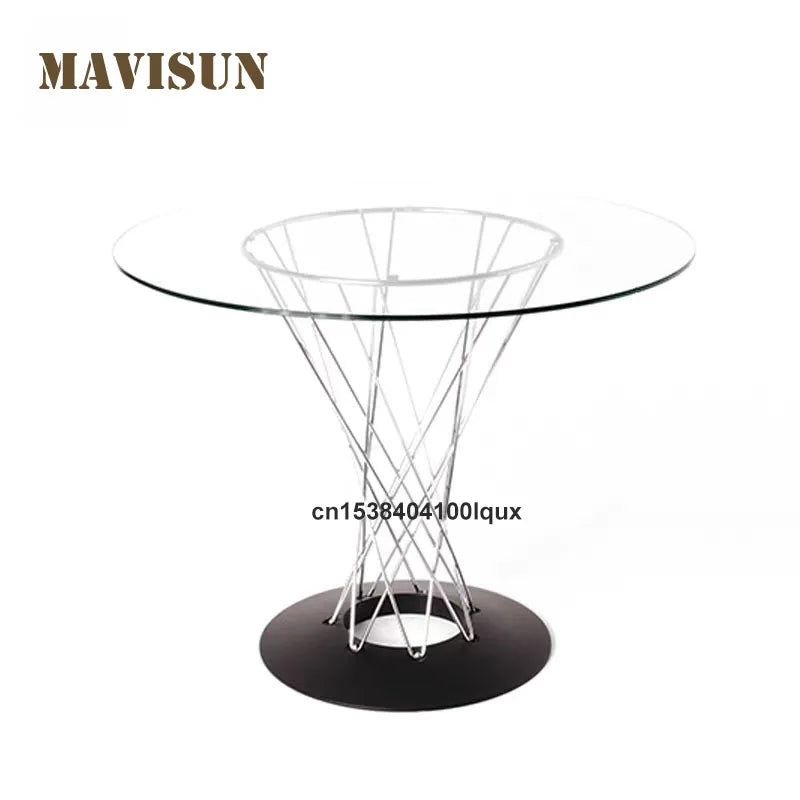 Industrial Style Metal Round Transparent Tempered Glass Or Solid Wood Tabletop Electroplated Steel Frame 0.8 meters Dining Table