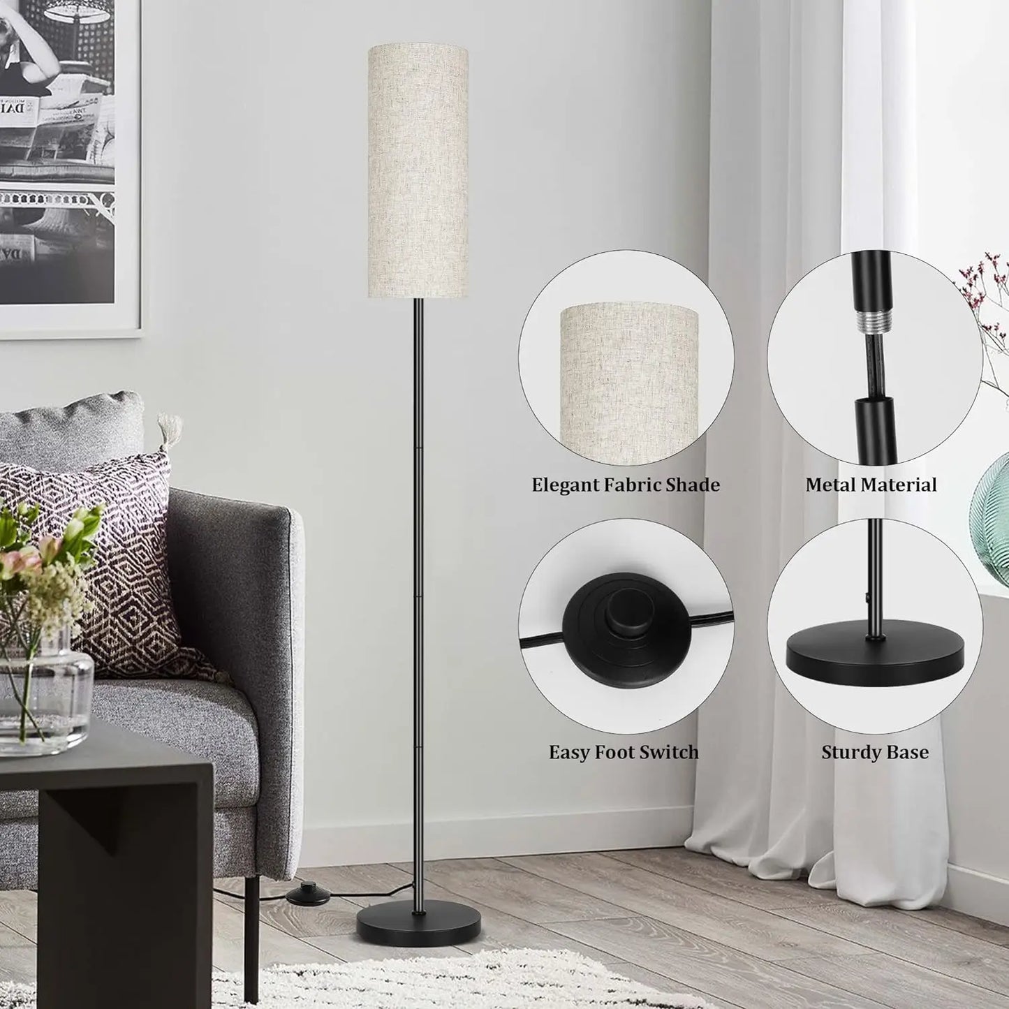 Floor Lamp for Living Room Modern Standing Lamps with Lampshade Lamp with Foot Switch for Living Room Bedroom Kids Room Office