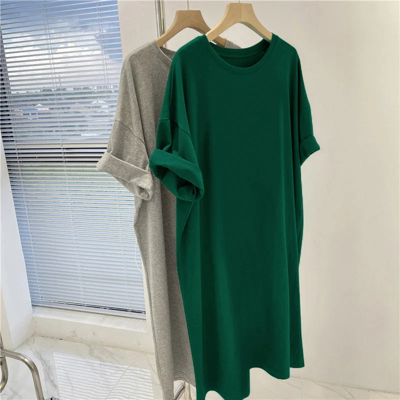 Women Clothing Solid Dress Short Sleeve Casual Loose Pullover Tunic Summer Comfortable Simple Straight Dresses