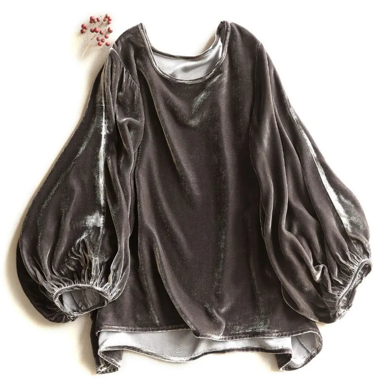 Women Clothing Ropa Mujer Shirts for  2025 Vintage  Loose Round Neck Gold Velvet Lantern Sleeve  T-shirts Tees Shirt