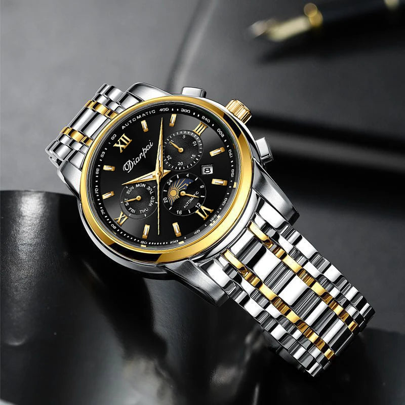 Men's elegant automatic mechanical watch with 24-hour date and week display, transparent back, 30 meter waterproof zinc alloy ca