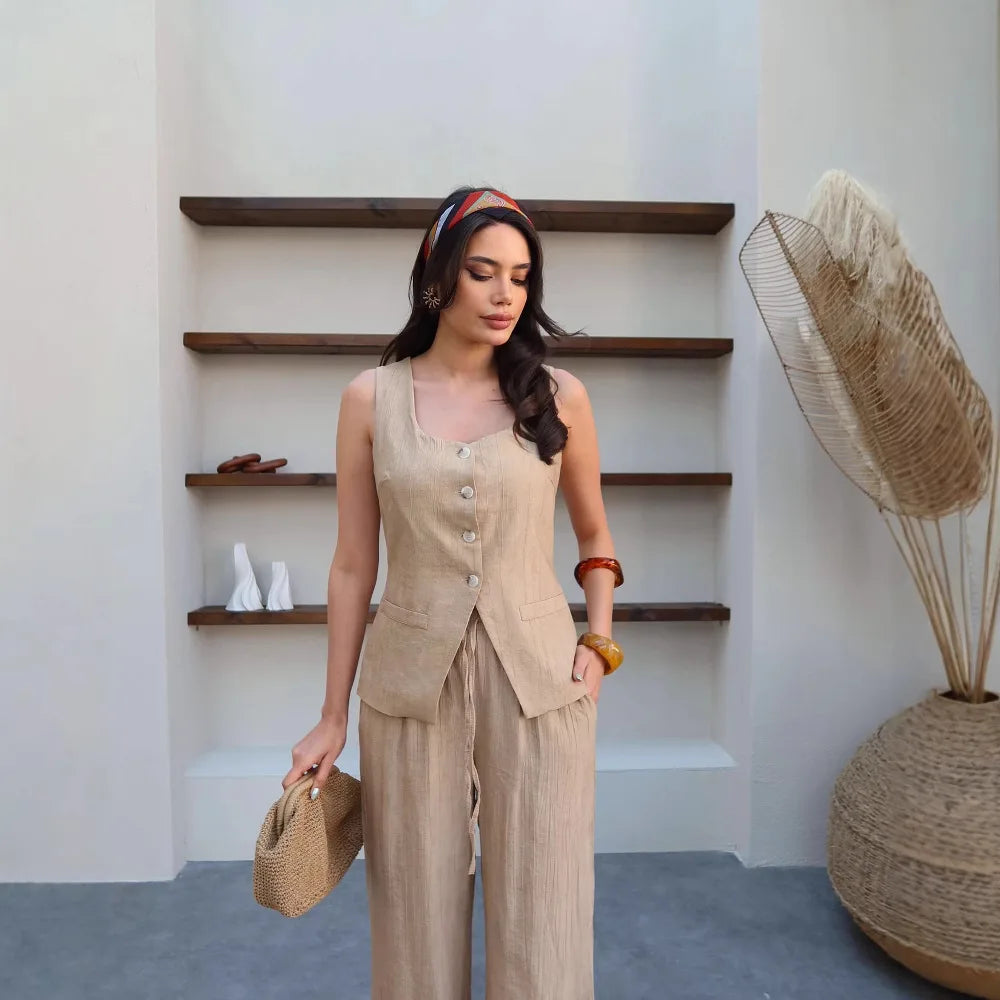 Women's Clothing 2024 Spring Summer New Fashionable Vest Pants Collage Splicing Pure Sleeveless Color Temperament Casual Suit