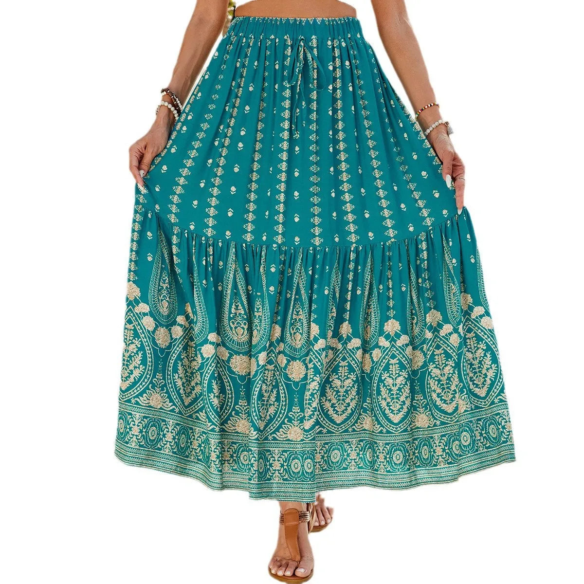 Women's Clothing 2025 Spring and Summer Cotton Printed Splicing Skirt Beach Vacation Big Beach Skirt