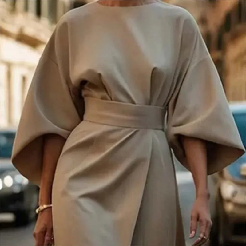 2025 Women's Clothing Fashion Black Dress Temperament Elegant Casual Waist-closing Maxi Bat Sleeve Dresses For Women Robe Femel